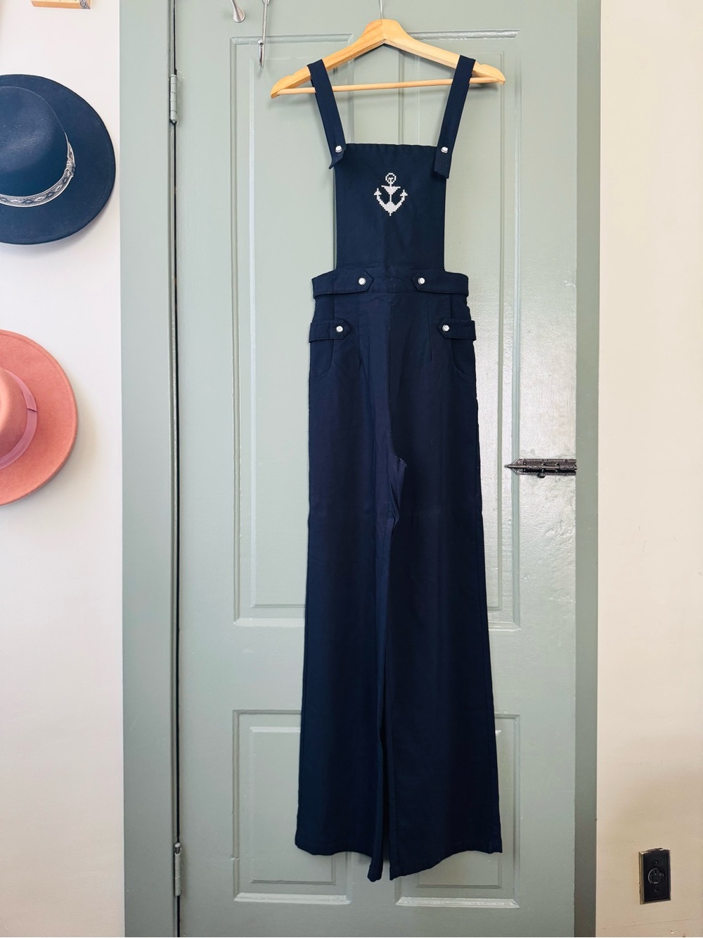 Voodoo Vixen Navy Wide-Leg Overall Jeans with Anchor Embroidery